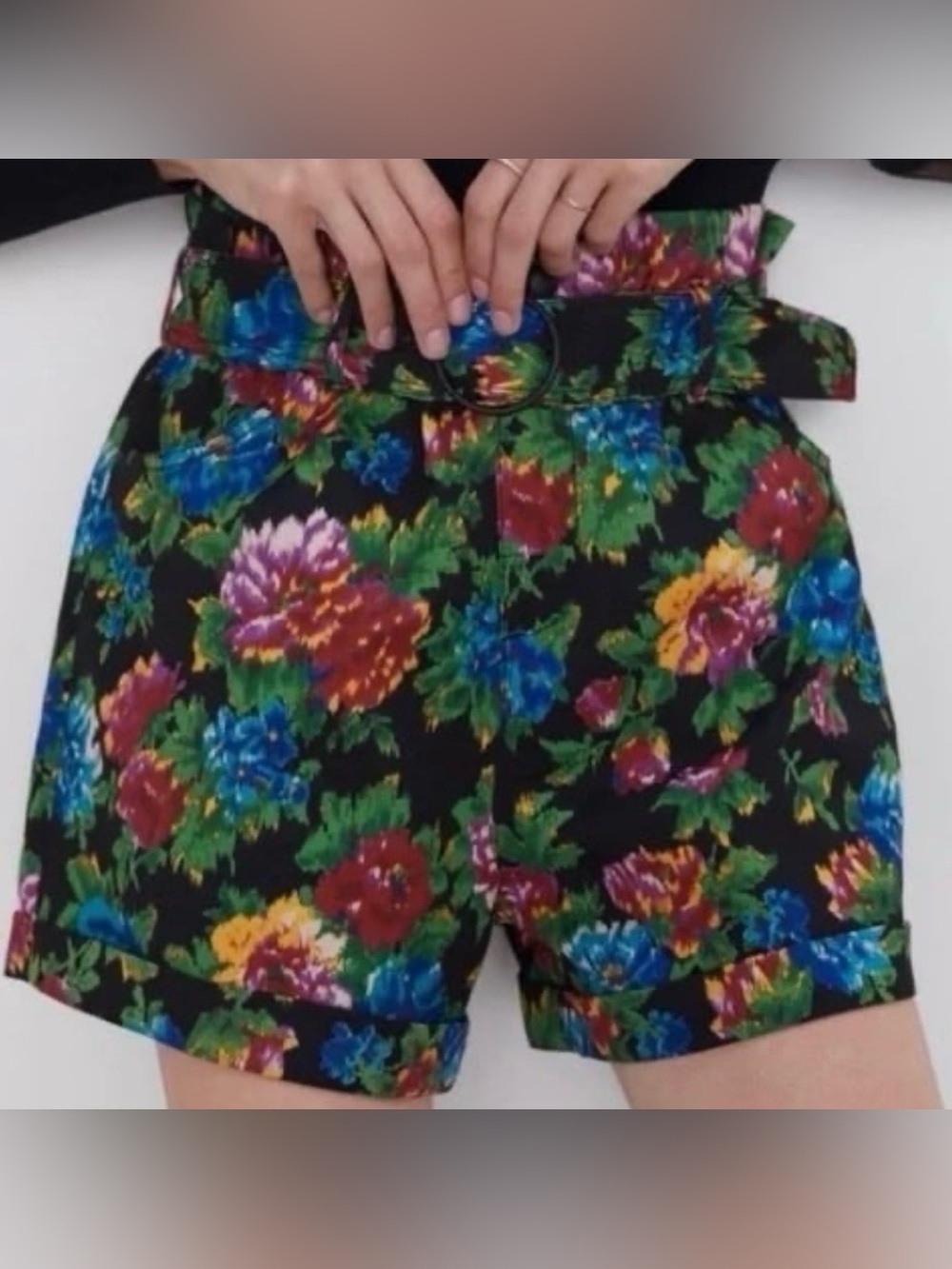 Zara Black Bold Floral High Waisted Paperbag Belted Shorts-Medium-Whimsy Garden